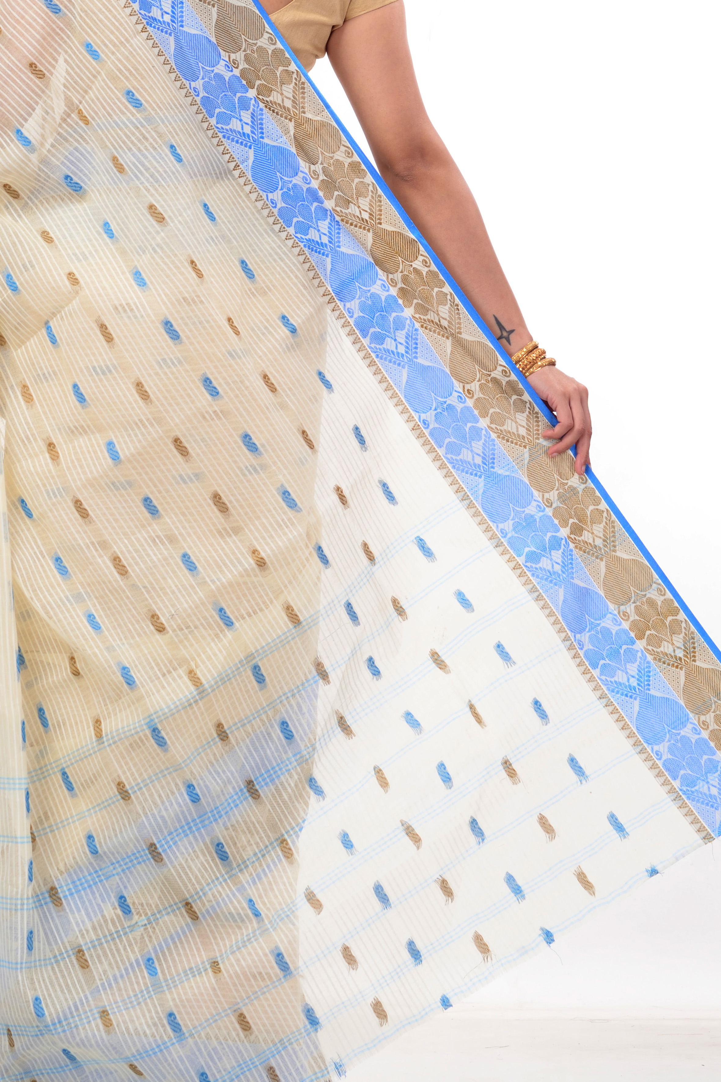 Blue Brown Pure Cotton Aged_Women Tant Saree (401)